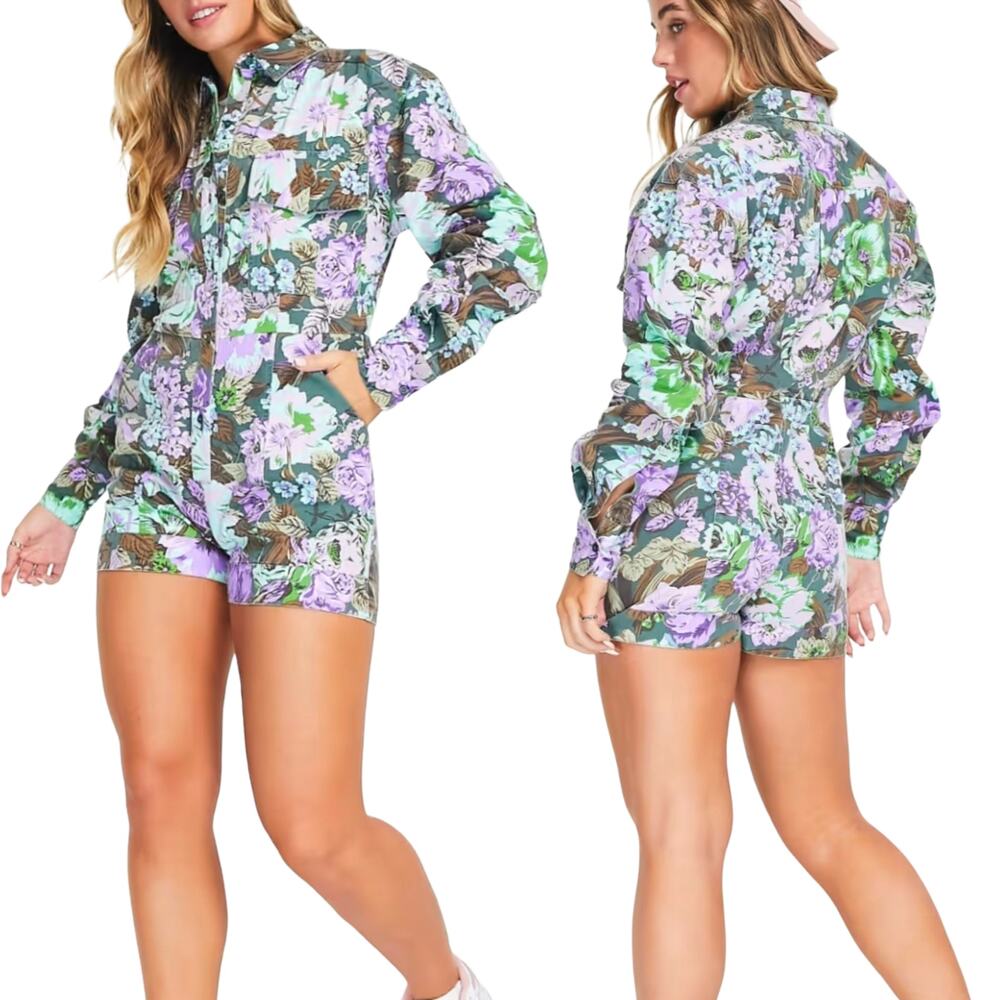 ASOS Design | Twill Floral Long Sleeve Romper in Vintage Floral Pockets
